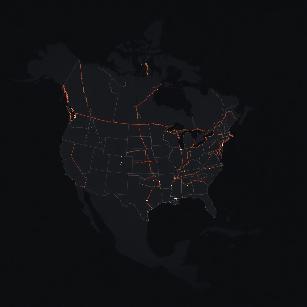 map of north america with highway routes, dark theme