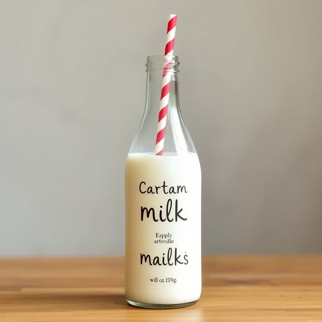 a bottle of cold artisan milk with a straw
