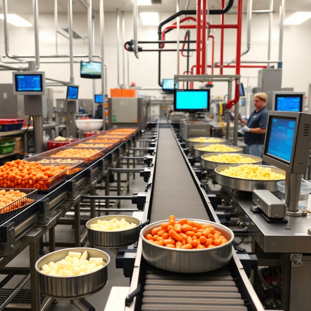 food processing factory with conveyor belts and digital monitoring screens