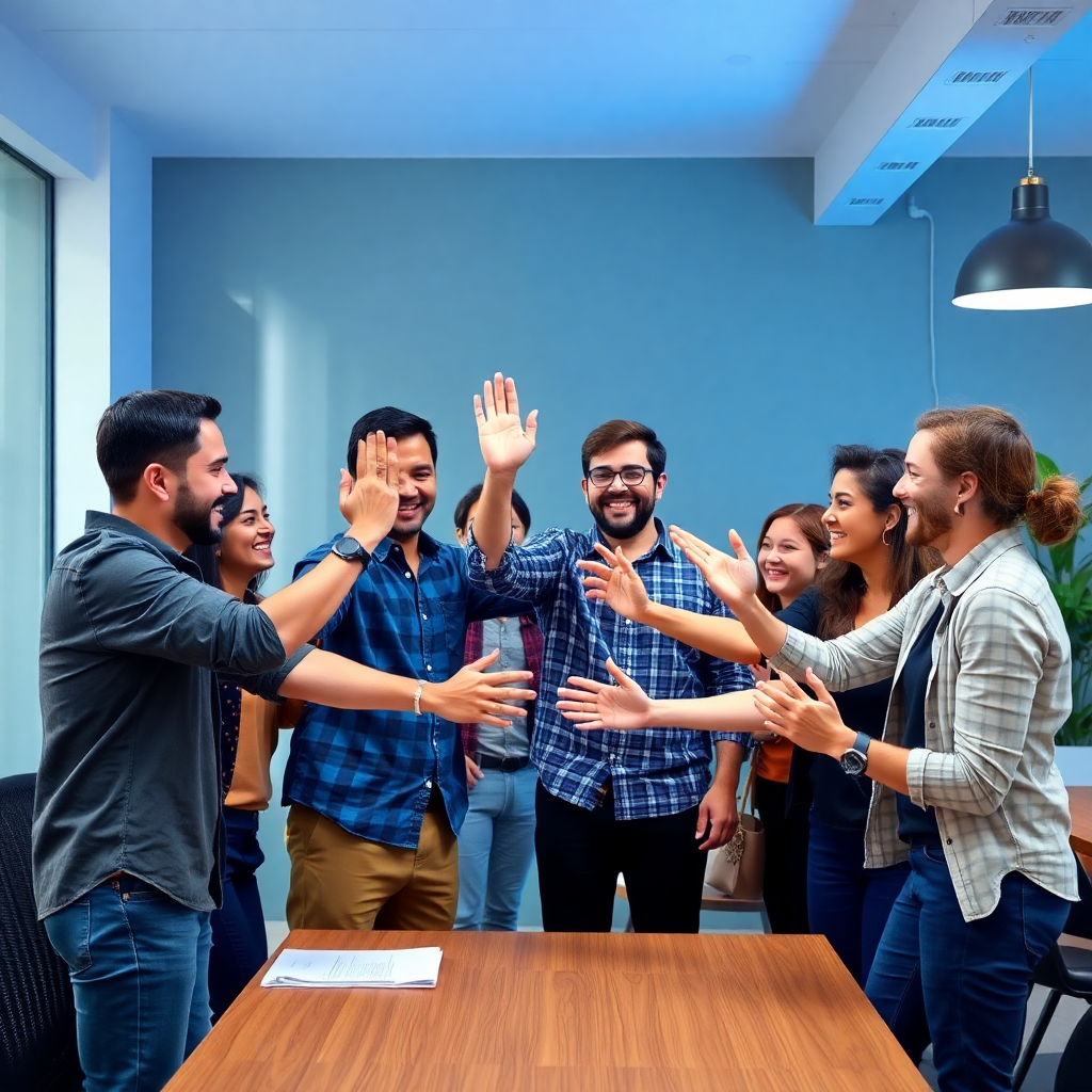 team celebrating success in a casual office setting, high-fives and smiles, vibrant and energetic mood
