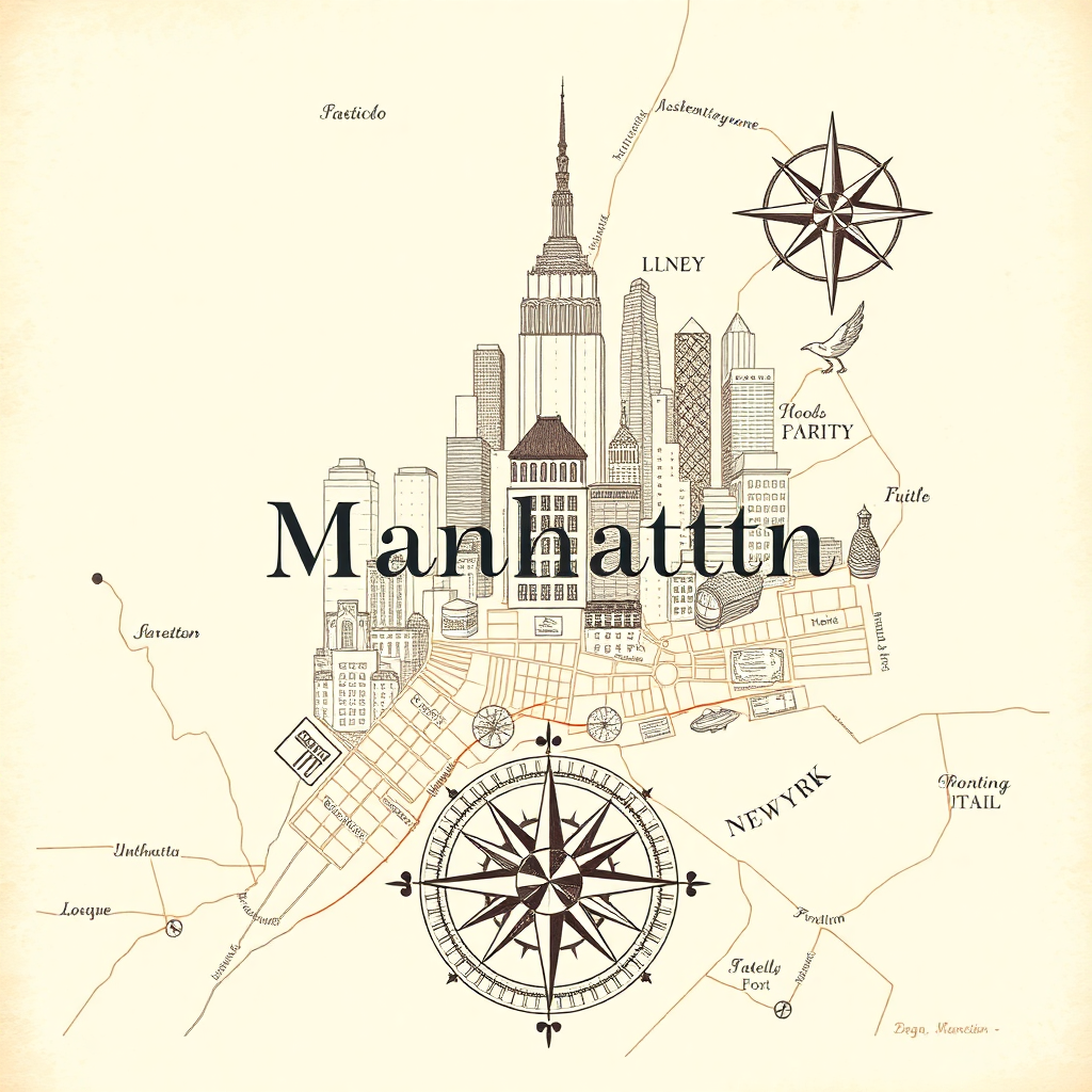 hand-drawn artistic map illustration of Manhattan New York with luxury hotel marker, vintage cartography style, warm sepia tones, elegant calligraphy labels, decorative compass rose