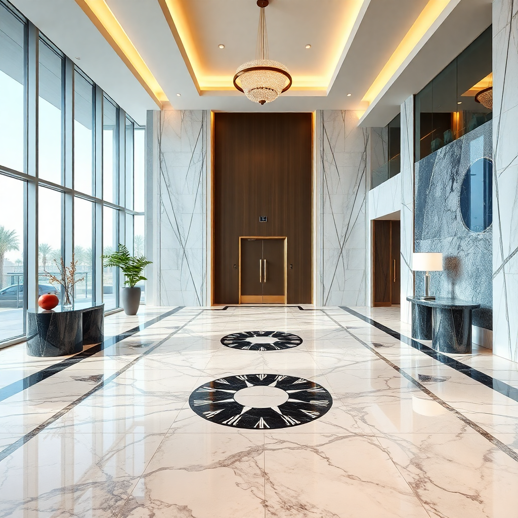 modern hotel lobby with large scale marble floor patterns