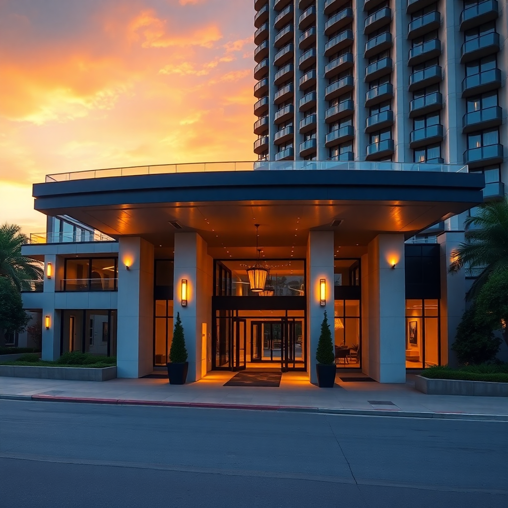 luxury hotel exterior at sunset, modern architecture, grand entrance, elegant facade, golden hour lighting