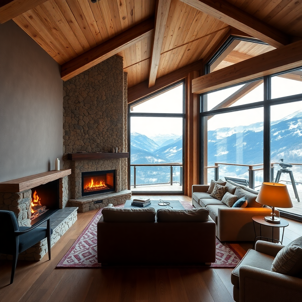 luxury mountain chalet interior Andorra la Vella warm stone fireplace floor to ceiling windows Pyrenees view editorial residential photography