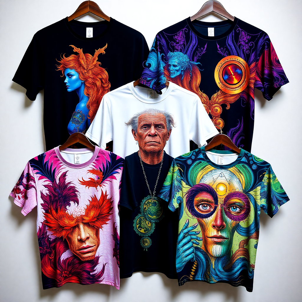 artistic custom printed t-shirts with vibrant photographic designs and creative patterns, fashion collection display, premium quality, colorful, modern studio photography