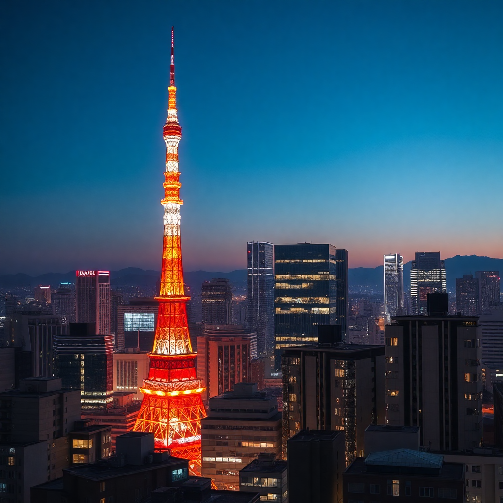 modern tokyo skyline at night with tokyo tower illuminated in orange