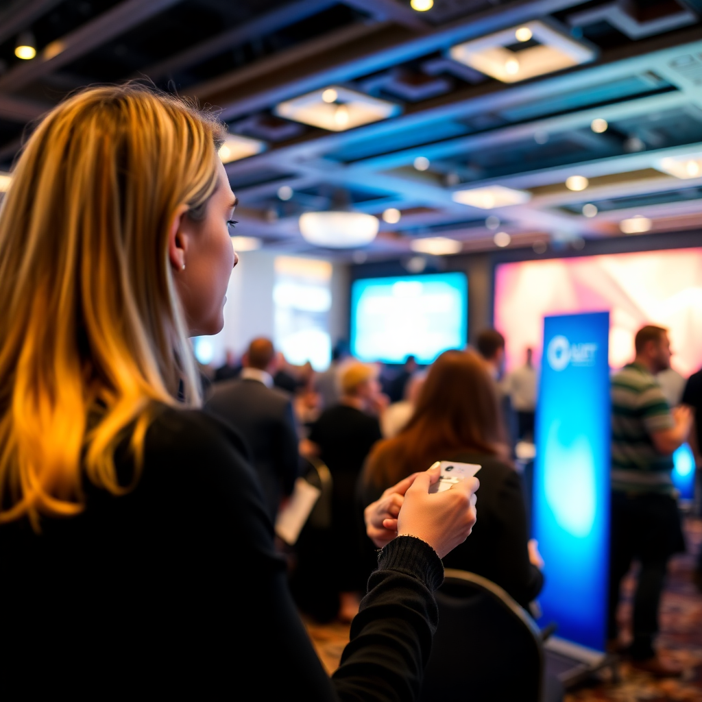 event venue with attendee scanning badge for interactive experience, conference setting