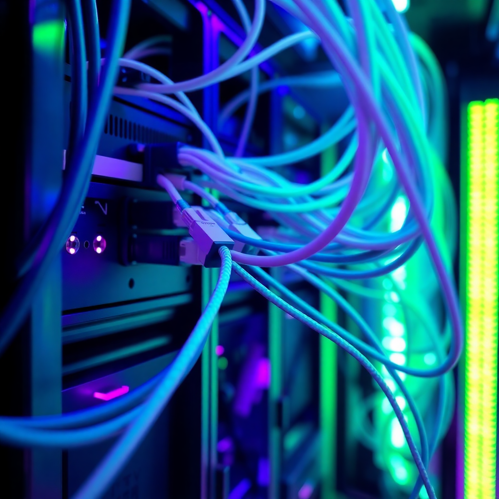 professional network cabling installation, ethernet cables, fiber optic cables, structured cabling system, purple neon lighting, futuristic tech environment