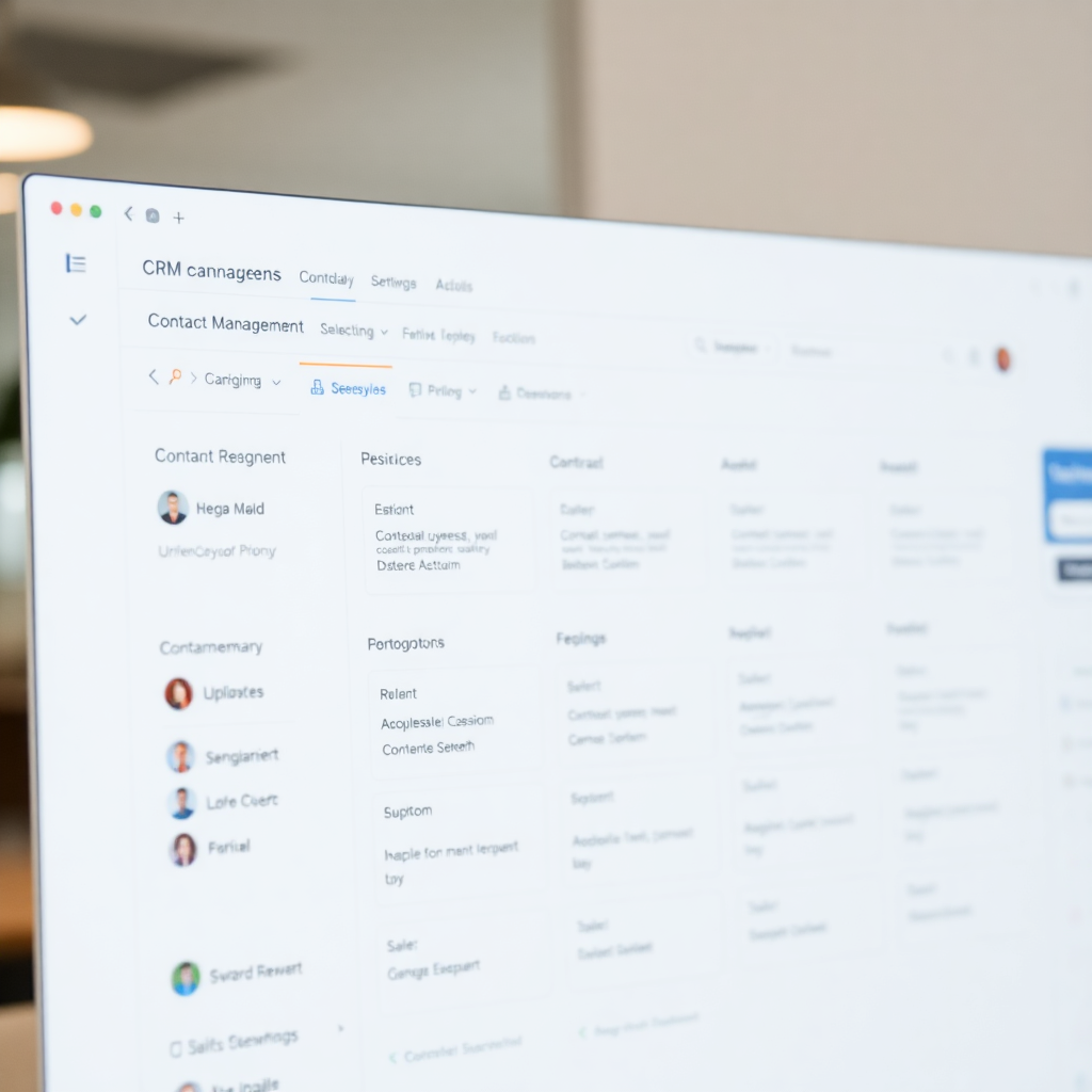 CRM software interface with contact management, sales pipeline, professional business application