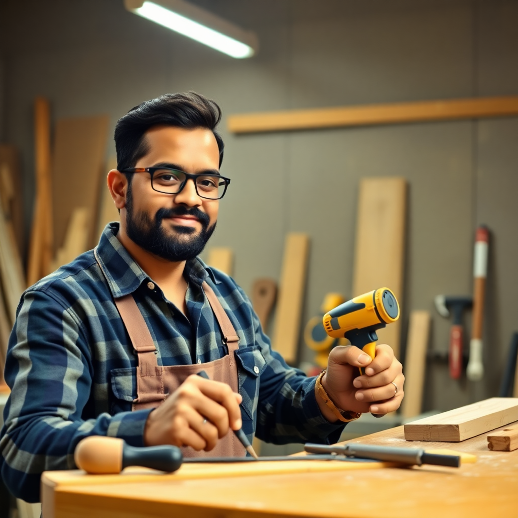 Professional Indian carpenter with woodworking tools, workshop background, realistic photography