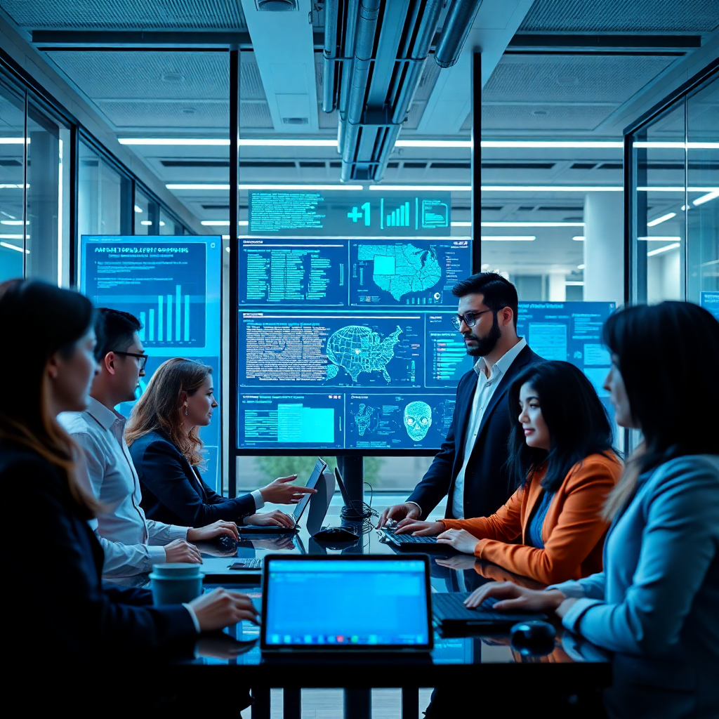 professional team working on AI implementation, diverse team in modern office setting, digital displays showing data and AI models