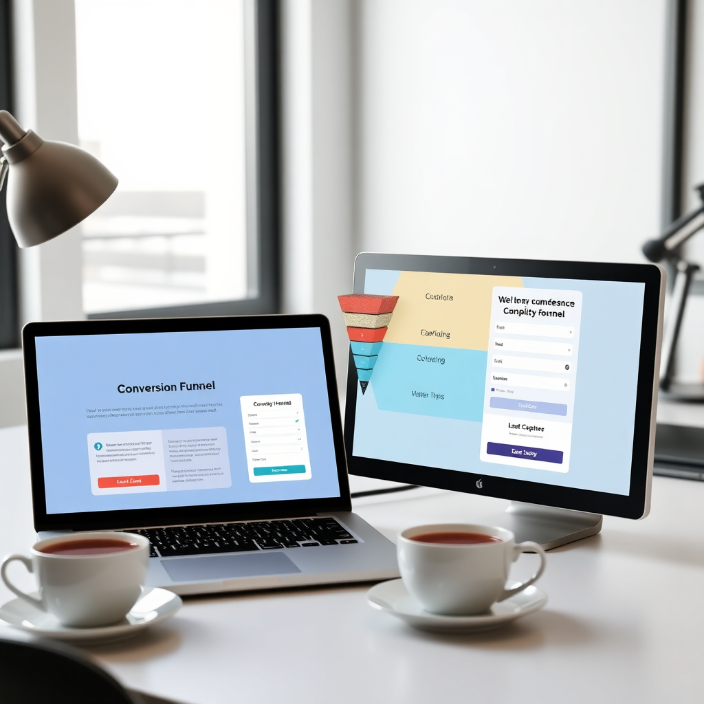 conversion funnel visualization with landing pages and lead forms on multiple devices, professional marketing setup