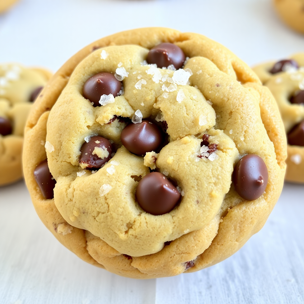 Close up of a double chocolate chip cookie with sea salt sprinkles