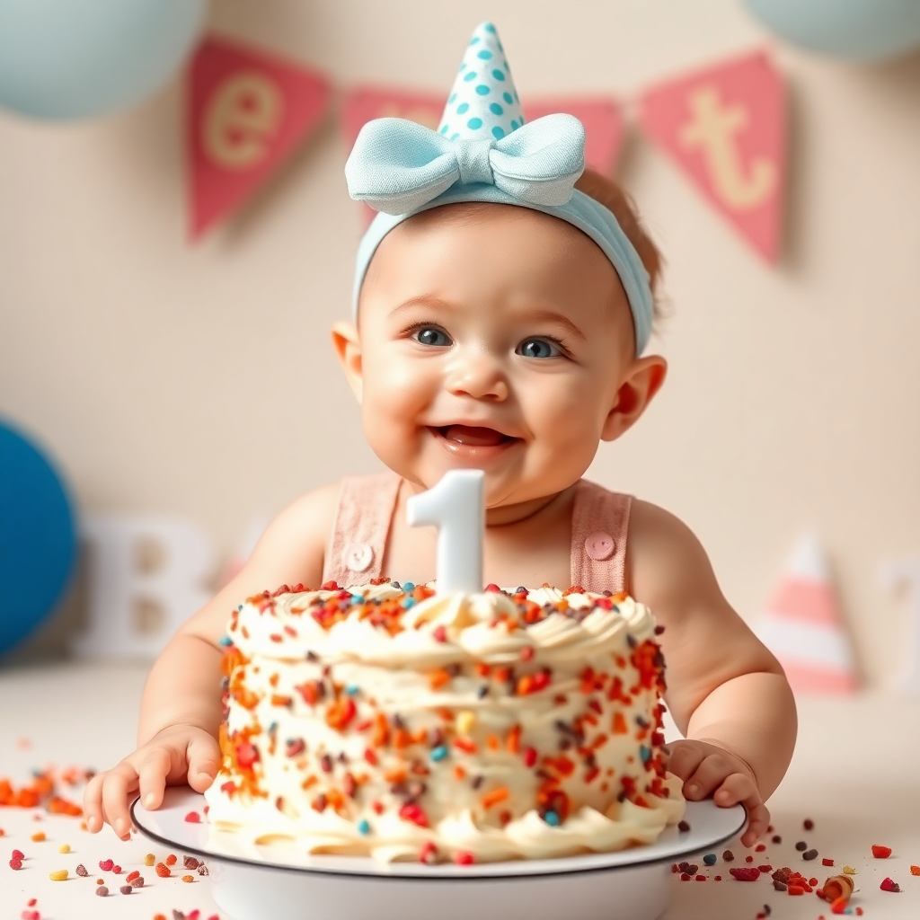 baby first birthday cake smash, cream frosting, baby smiling