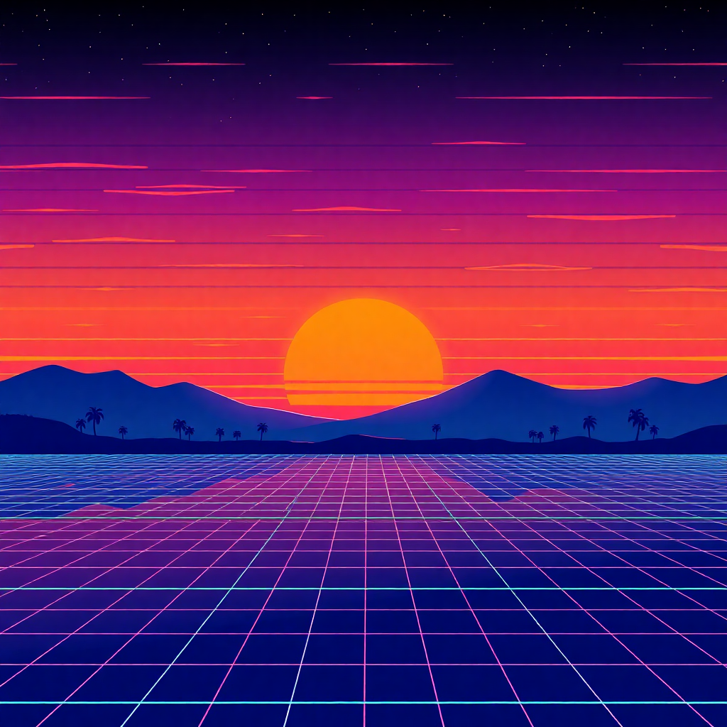 retro synthwave sunset grid landscape