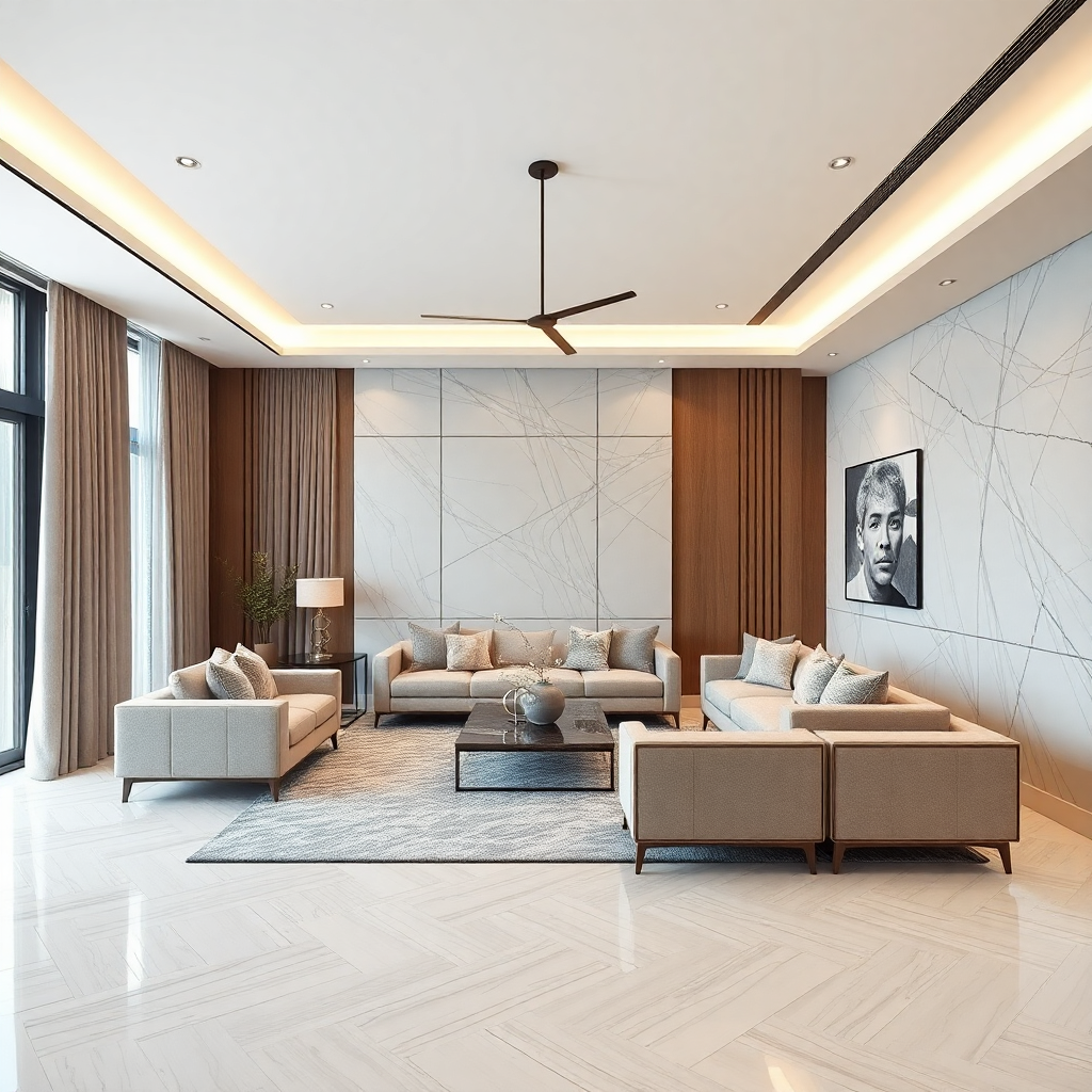 luxury interior finishing work, modern living room with premium flooring and wall treatments