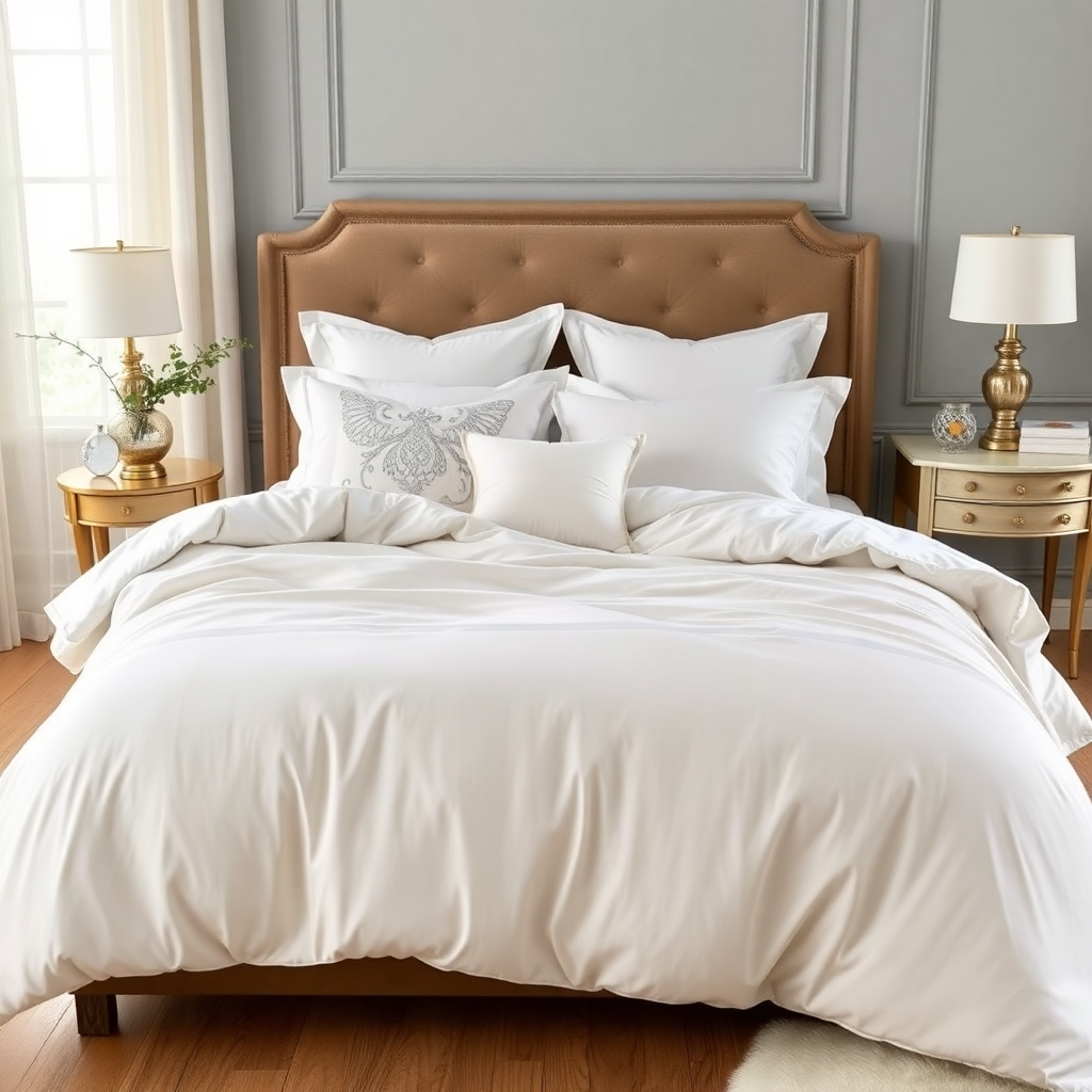 luxury cotton duvet cover on bed with decorative pillows, elegant bedroom styling