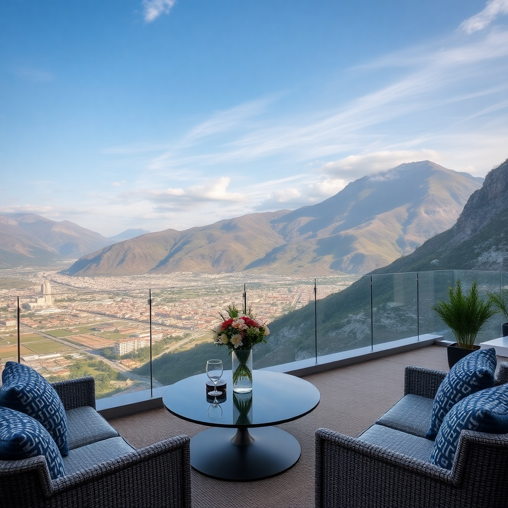 luxury penthouse apartment Escaldes-Engordany Andorra panoramic city mountain Caldea view terrace sophisticated interior design editorial photography warm champagne tones