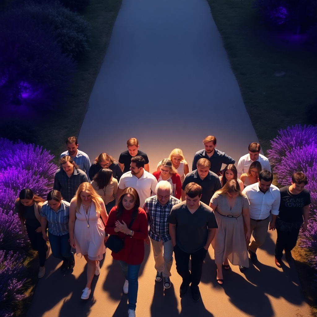 diverse group of people walking together in formation, aerial view, lavender and purple lighting, community support, inspiring movement