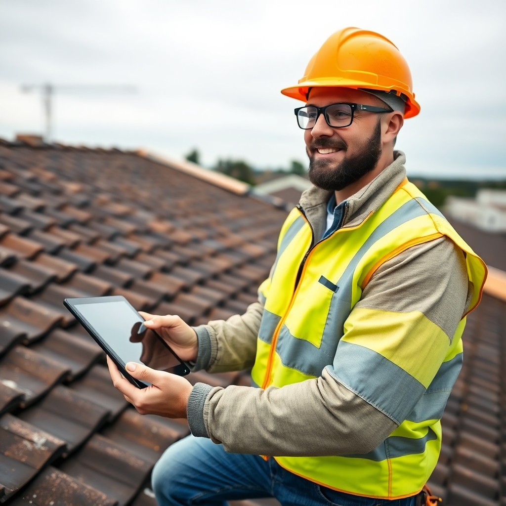 roofing contractor on roof with tablet, construction site, professional photography