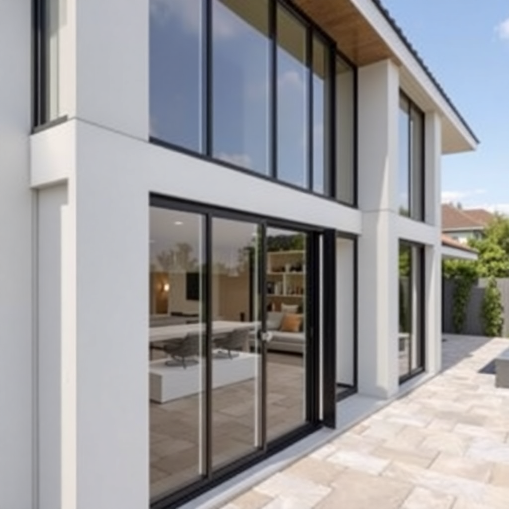 modern luxury home exterior with large glass windows and aluminium frames, contemporary architecture