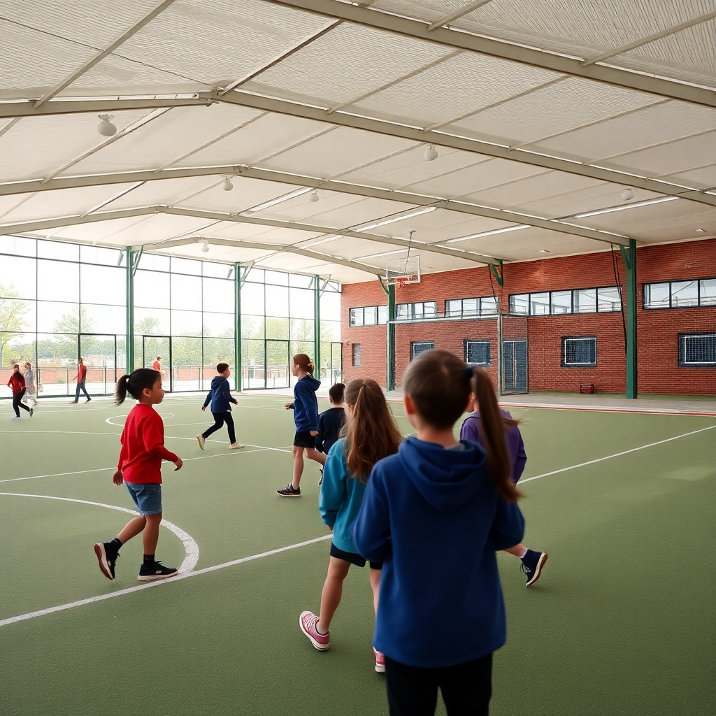 school sports facilities with students playing, outdoor activities