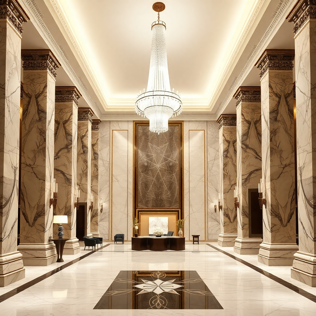 luxury hotel grand lobby entrance, marble columns, crystal chandelier, elegant reception area, sophisticated interior design