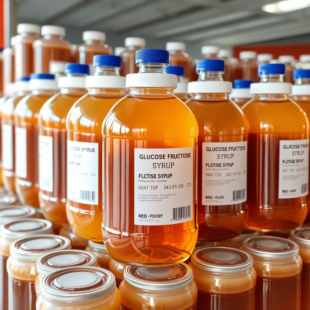 glucose fructose syrup in containers, liquid sweetener, food grade syrup mixture, industrial packaging