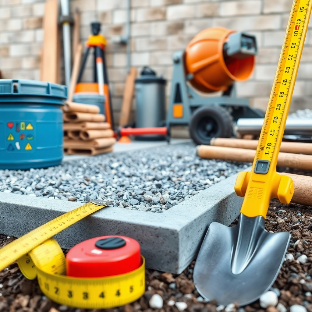collection of construction tools and materials for garage foundation, measuring tape, level, shovel, gravel, concrete mixer, professional construction equipment, realistic photography