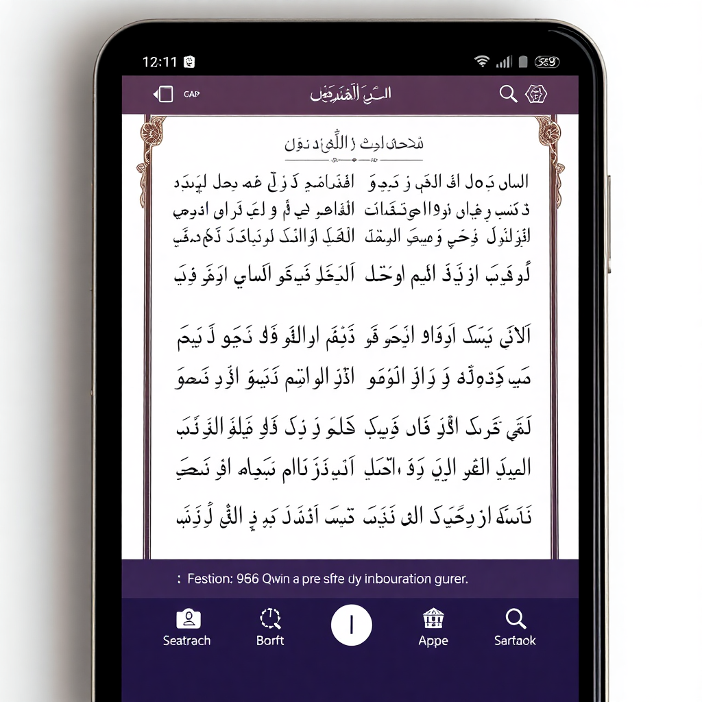Quran reading interface showing Arabic text with translation and bookmark feature in elegant Islamic app design