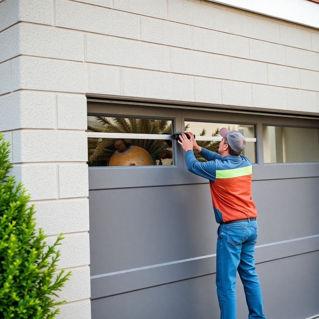 professional technician repairing modern garage door, action shot, professional photography