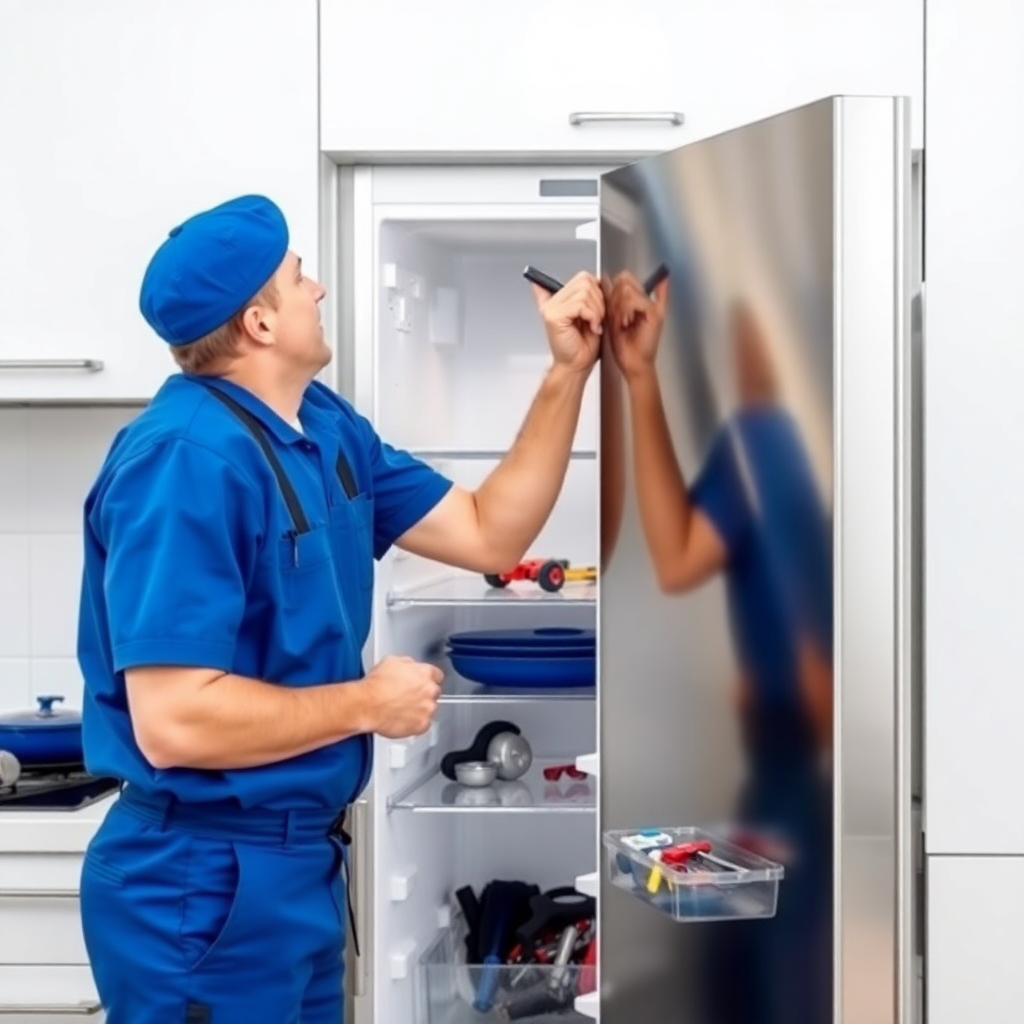 professional technician repairing refrigerator in modern kitchen, wearing blue uniform, tools visible, clean modern style