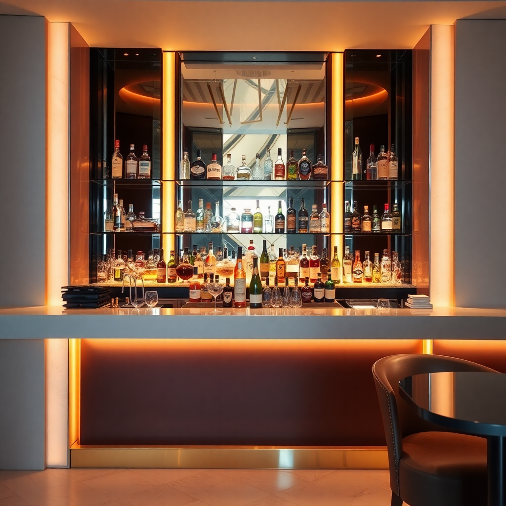 luxury hotel bar interior, premium spirits display, elegant counter, sophisticated ambiance