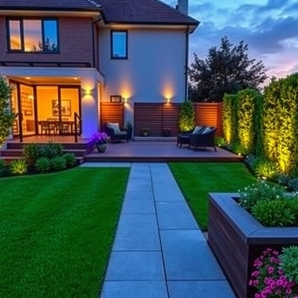 Beautifully landscaped luxury garden with pristine lawn, modern decking, and vibrant borders, cinematic lighting, high quality