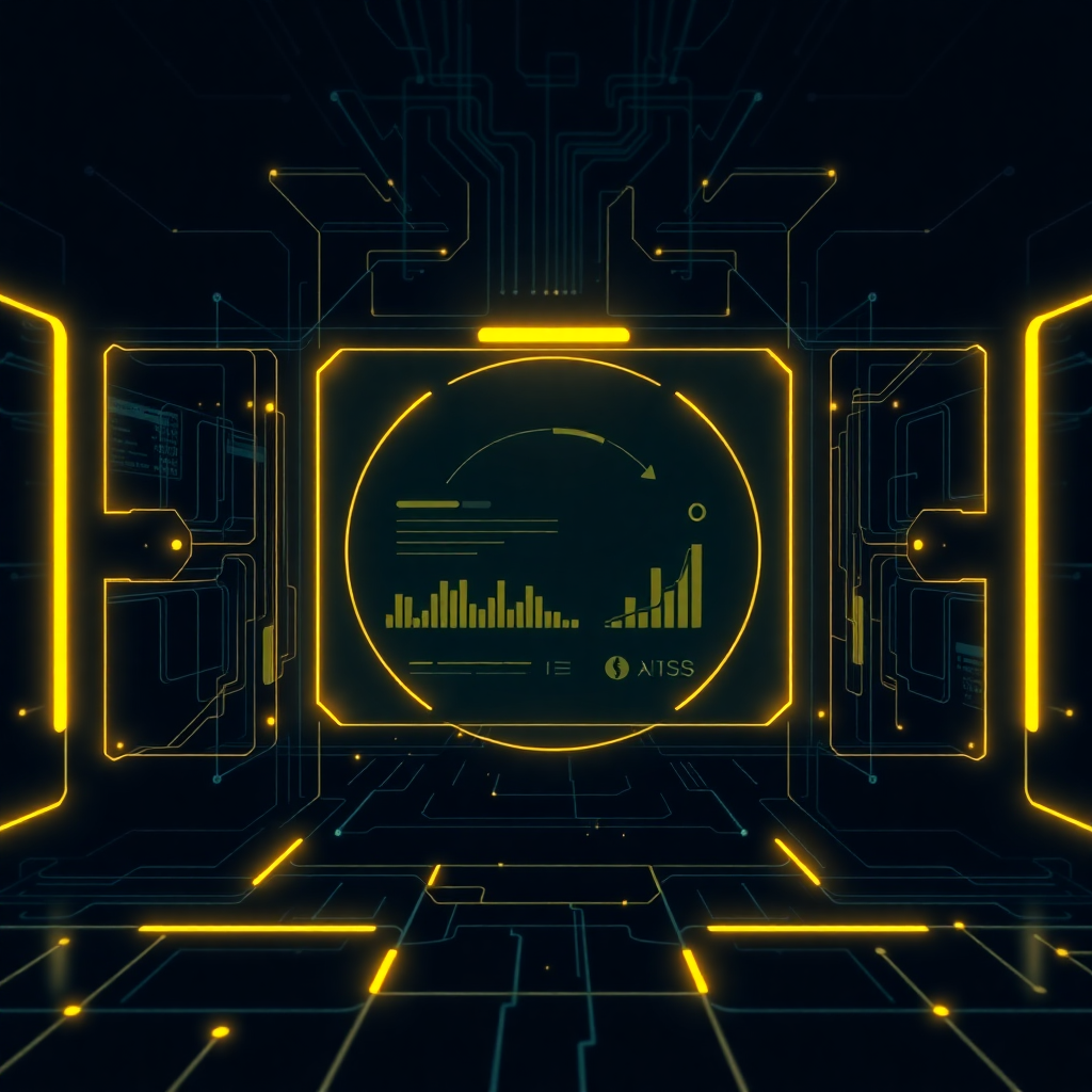 abstract technology visualization, dark minimal design with neon yellow accents, digital transformation concept, futuristic banking interface