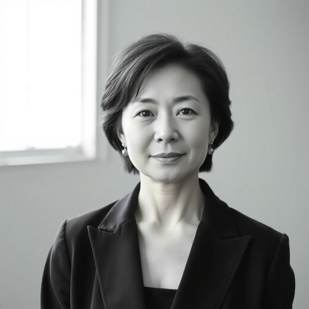 Japanese female architect in her 50s, professional portrait, calm and confident expression, natural window light, monochrome editorial photography, Shinkenchiku magazine style, wearing elegant minimal dark attire, neutral studio background, muted tones, high-end architectural journal portrait