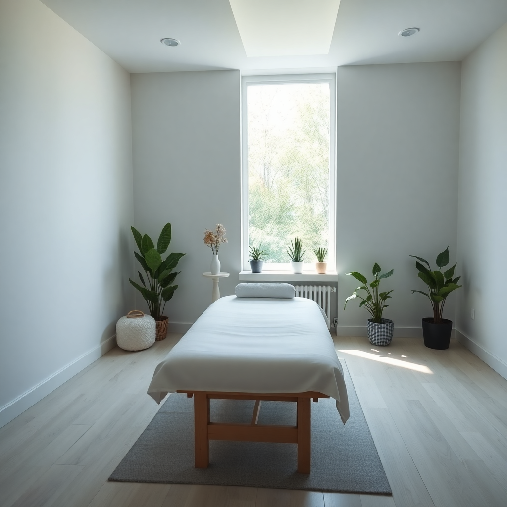 modern osteopathy treatment room with massage table, natural light, plants, minimalist design
