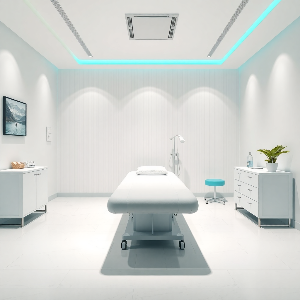 modern osteopathy treatment room with medical bed, clean white and cyan aesthetic, professional healthcare environment