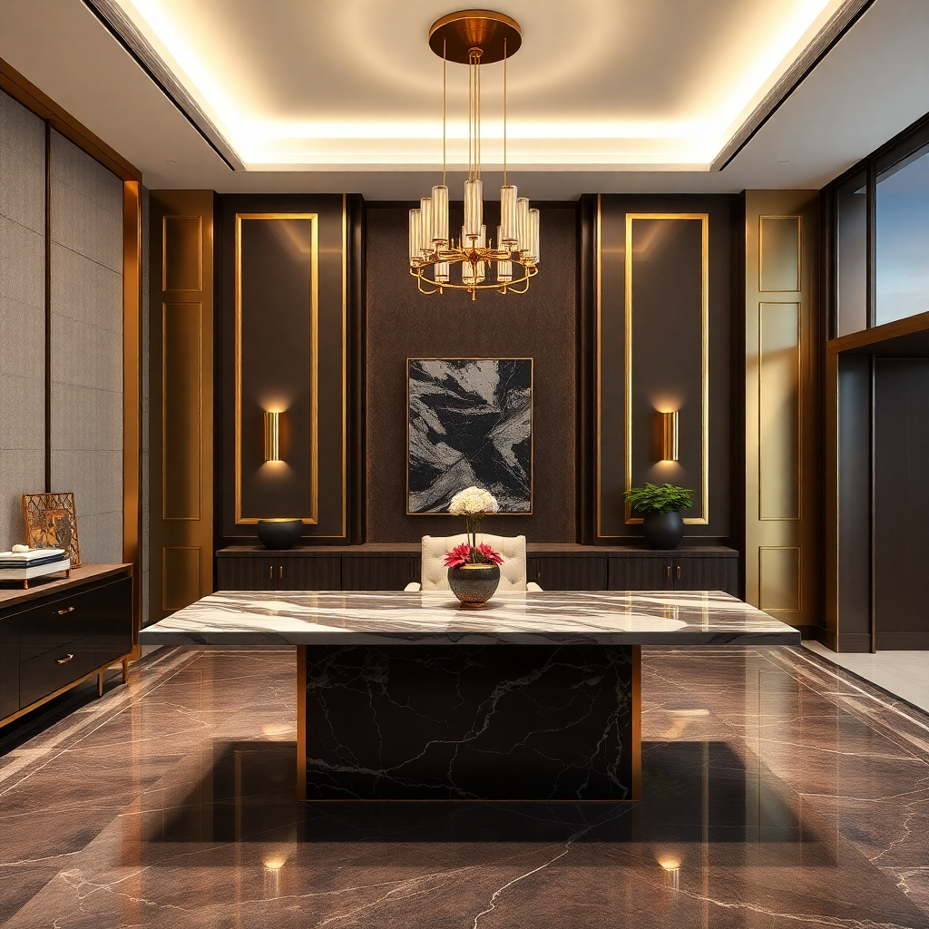Luxury office interior with gold accents, marble desk, modern lighting, professional business setting, dark elegant atmosphere