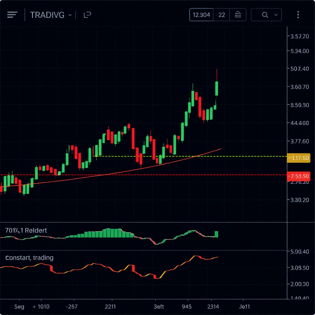 professional cryptocurrency trading chart with candlesticks, technical indicators, dark theme interface, detailed price action analysis, mobile app screenshot