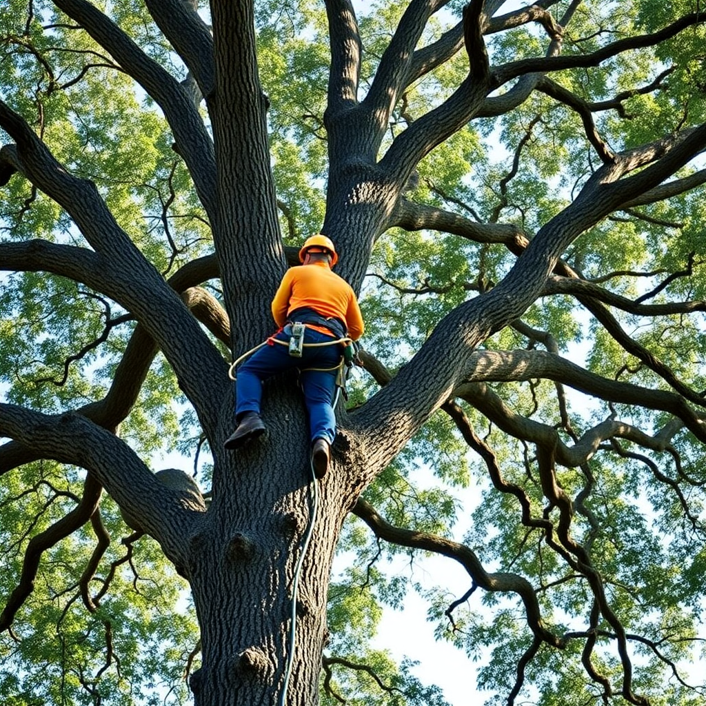 ISA certified arborist working on a large oak tree in Tampa, professional tree care service