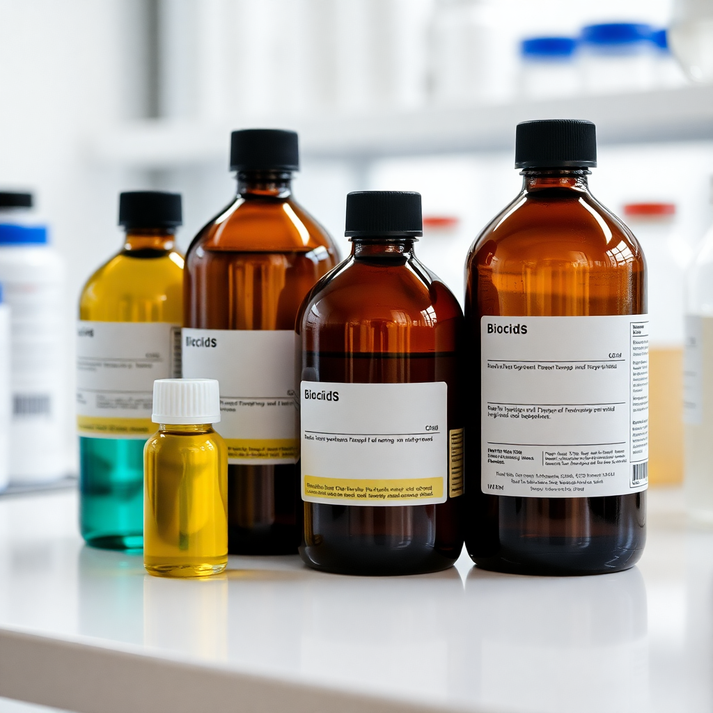 biocide chemical products in laboratory containers, professional chemical bottles