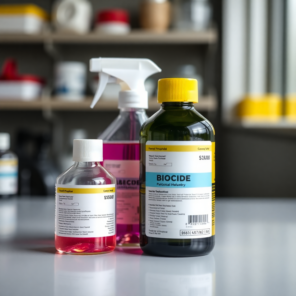 biocide chemical products in laboratory containers, professional chemical bottles, industrial biocide preparations