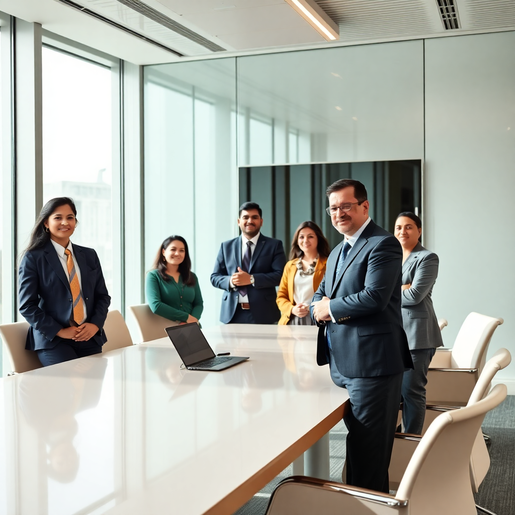 Professional business team in modern boardroom, Indian corporate leaders, financial professionals in suits