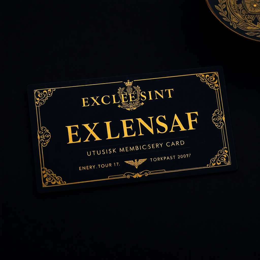 exclusive membership card, dark aesthetic, gold foil details