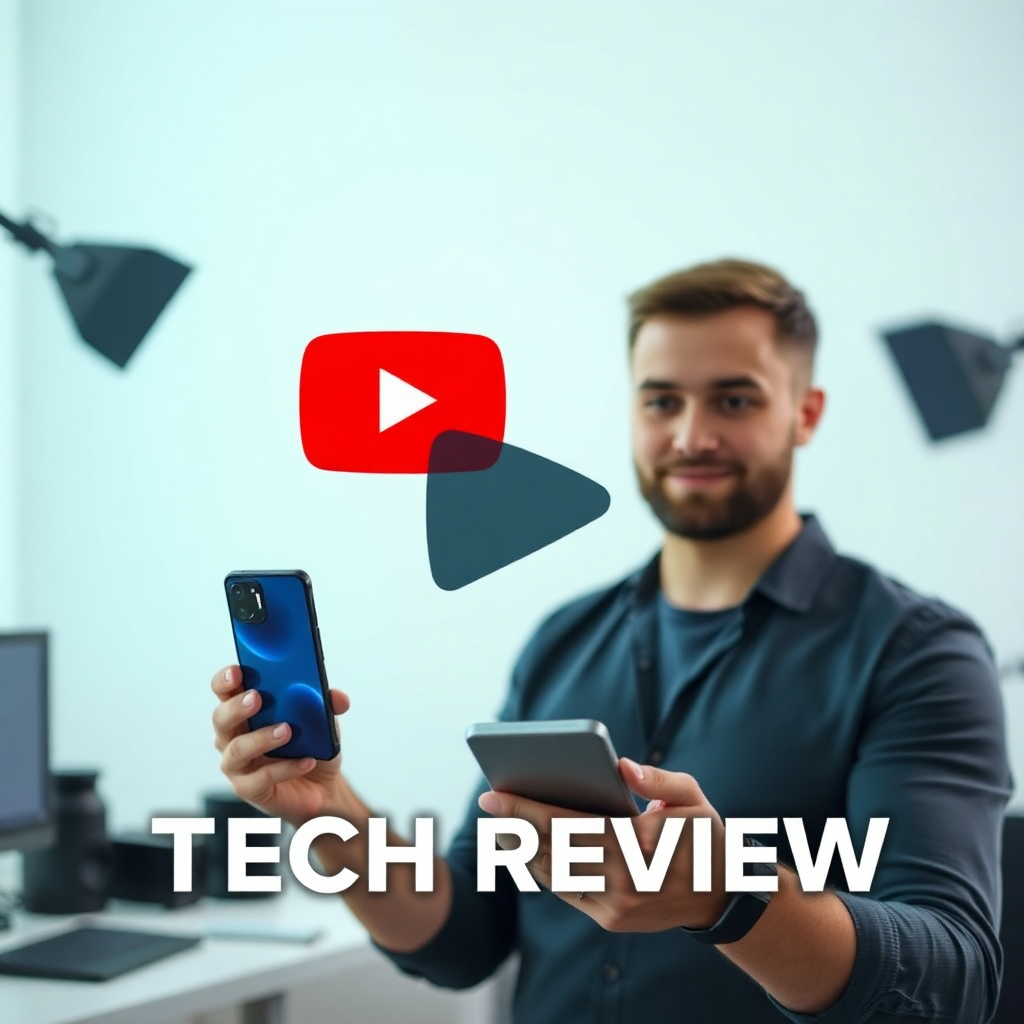 YouTube tech review video thumbnail with professional lighting, reviewer holding latest smartphone, clean modern background with tech elements