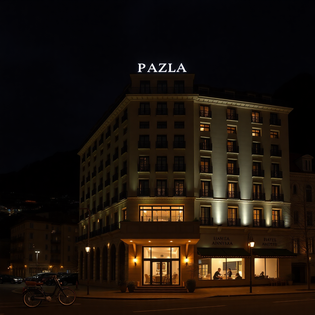 Hotel Plaza Andorra la Vella luxury five star hotel exterior capital city mountain backdrop editorial photography dark cinematic