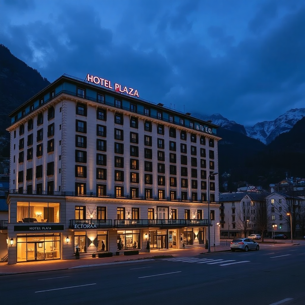 Hotel Plaza Andorra la Vella luxury five star hotel exterior capital city mountain backdrop editorial photography dark cinematic