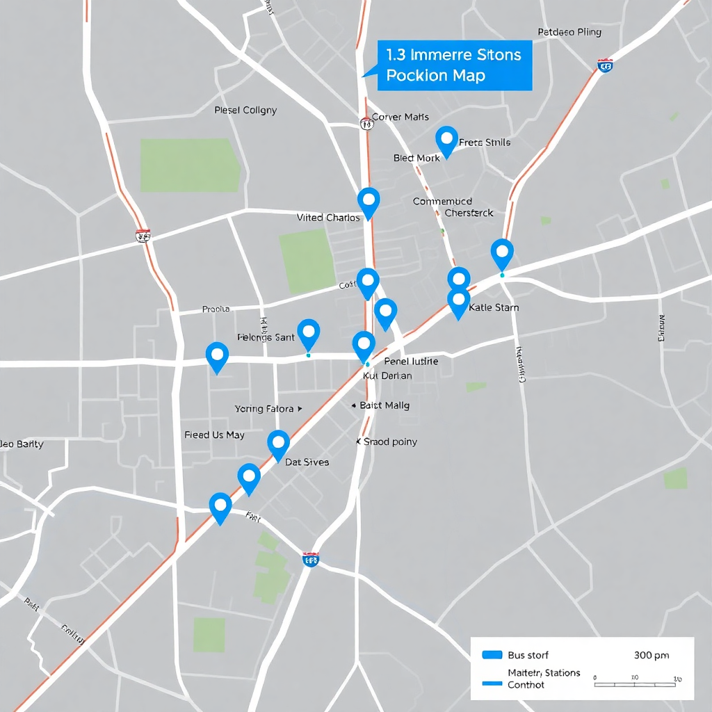 proximity map showing metro stations, bus stops and transit routes around a property with blue markers, transportation network visible