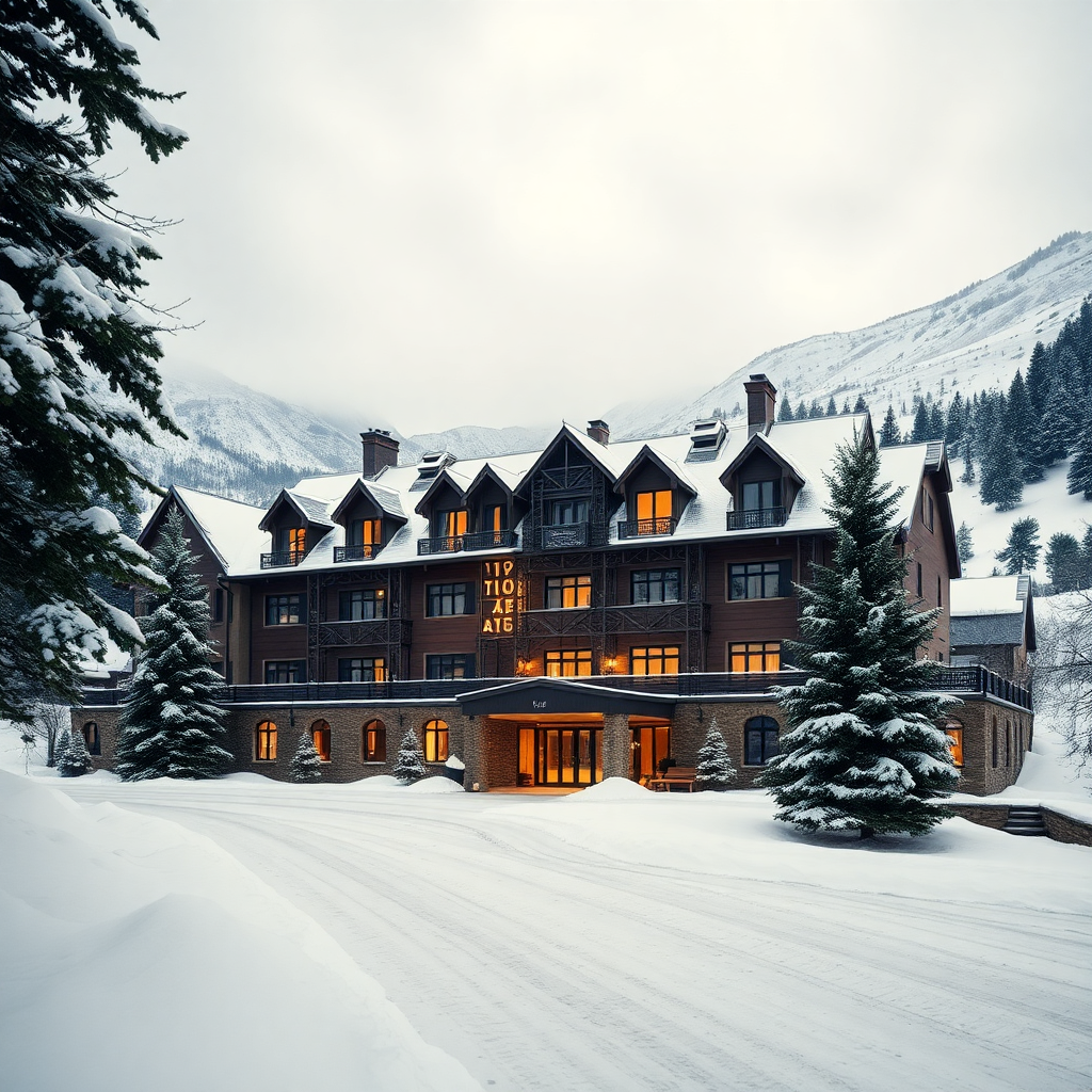 Sport Hotel Hermitage Soldeu Andorra exterior luxury ski resort hotel mountain view winter snow editorial photography dark cinematic champagne gold tones large resort hotel alpine Grandvalira